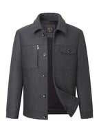 Spring/Autumn Wool Jacket, Workwear Style Outerwear, Warm Fall Style, Solid Color Men's Apparel with Faux Pockets - Grey