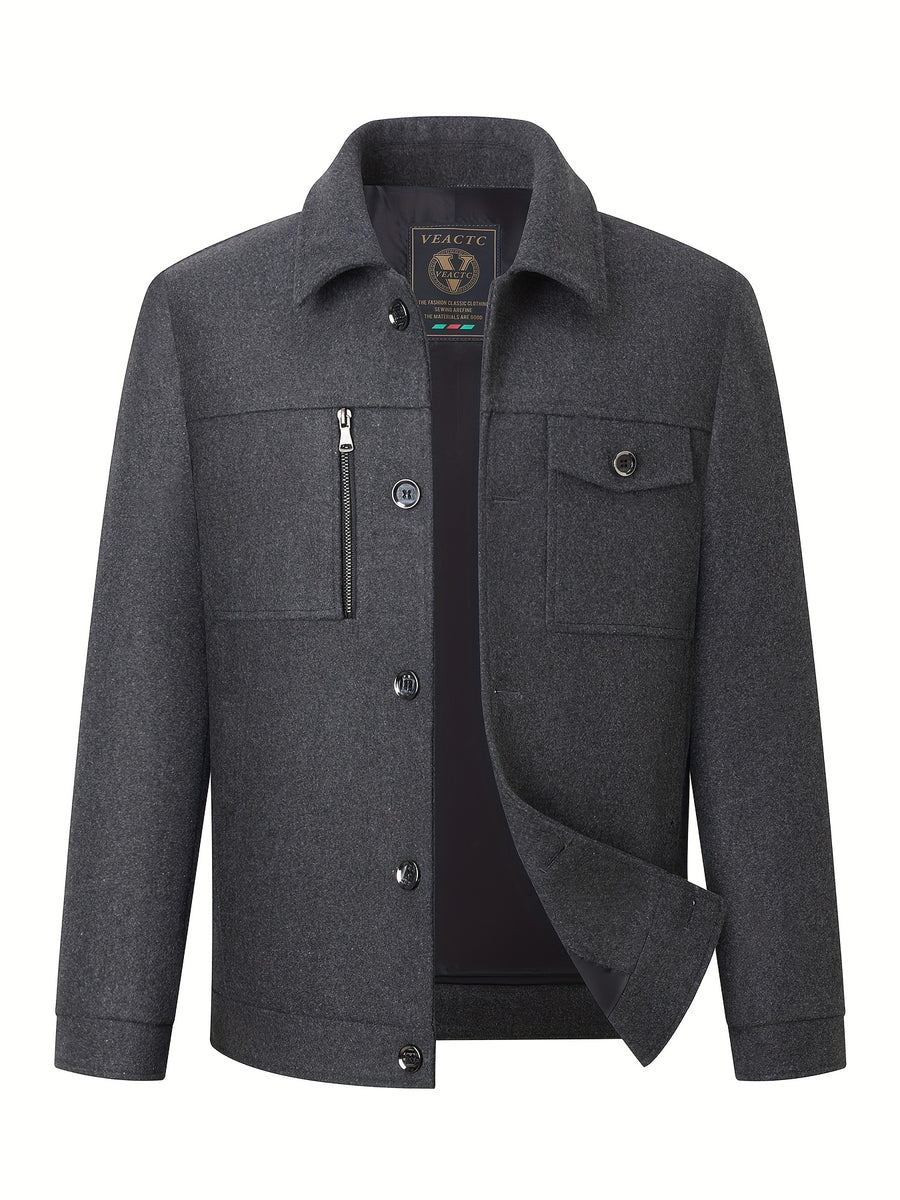 Spring/Autumn Wool Jacket, Workwear Style Outerwear, Warm Fall Style, Solid Color Men's Apparel with Faux Pockets - Grey