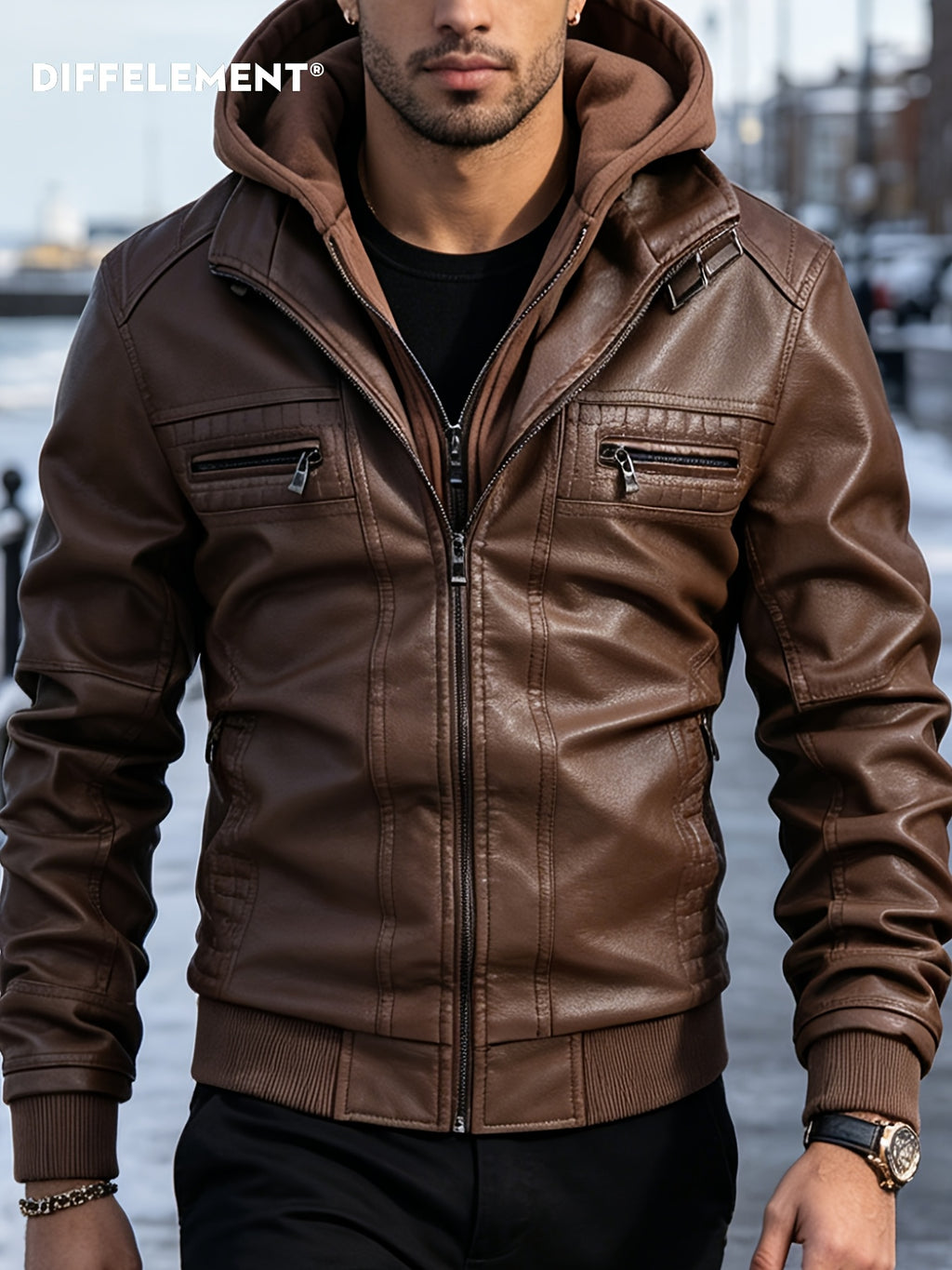 DIFFELEMENT Men's Detachable Hooded Motorcycle Jacket, Windproof and Warm for Winter, Soft and Smooth Fabric, Double-Layer Zipper Design, Multiple Zippered Pockets, Cuffed Sleeves, Regular Fit Motorcycle Outerwear. Suitable for Motorcycle Riding - Coffee Color