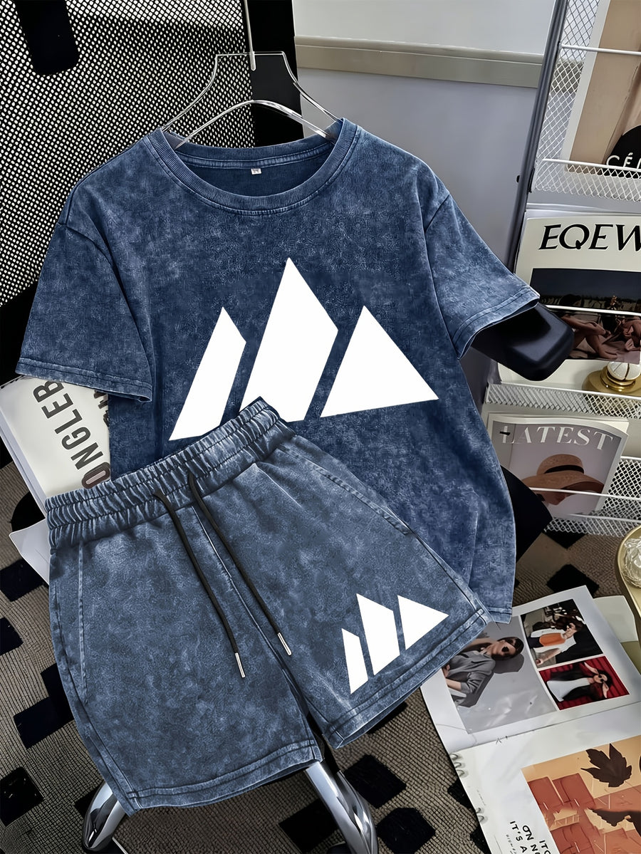 Summer Trendy Distressed Washed Short Sleeve Shorts Drawstring Women's Set, Minimalist Mountain Peak Line Drawing Print, Minimalist Outdoor Style, Artistic and Fresh Style, Forest-Inspired Natural Style, Comfortable for Hot Weather - Blue