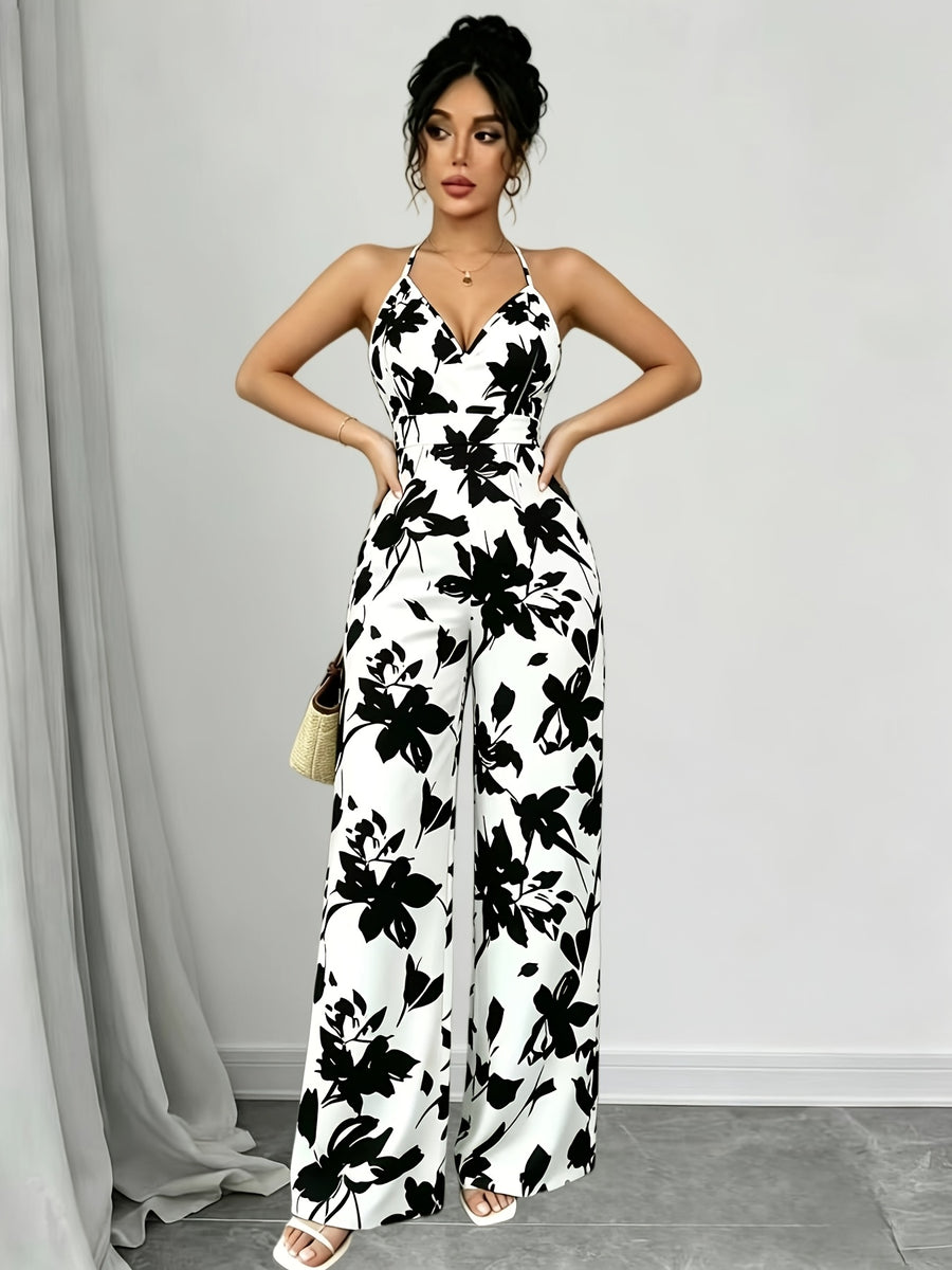 Women'S New Fashion Spring Summer Elegant Backless Casual Printed Cami Wide-Leg Jumpsuit, Vacation Matching Loose Overalls - White