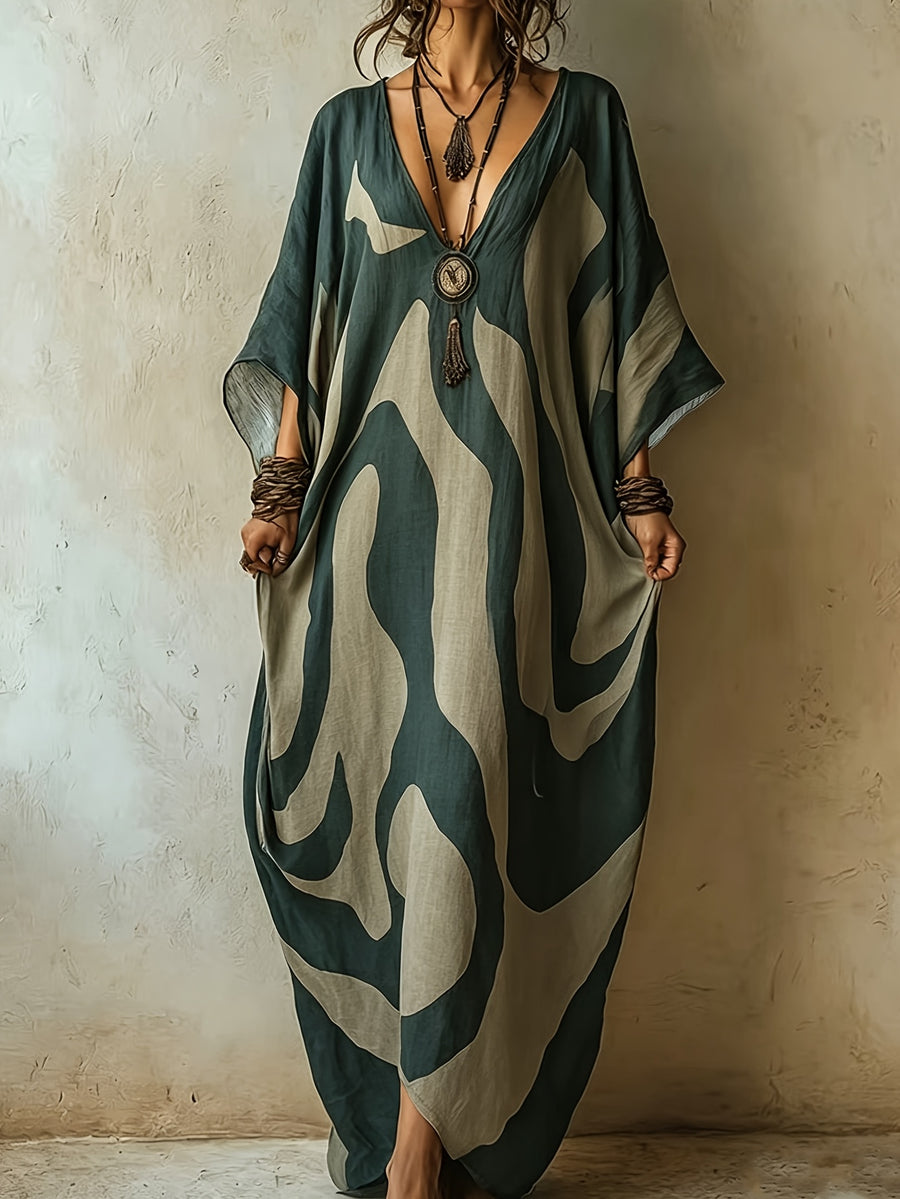 Boho Abstract Color Block Print Kaftan Dress for Women, V-Neck Batwing Sleeve Oversized Vacation Maxi Dress, Beach Cover Up Kaftan Gown - Green
