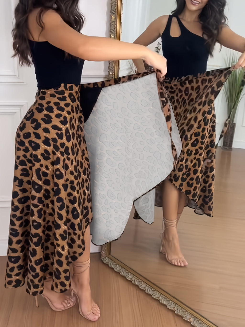 Leopard Print Wrap Skirt with Cross Straps for Casual Vacation Wear - Leopard Print