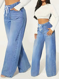 Women's Elasticated Loose Wide-leg Jeans - Light Blue