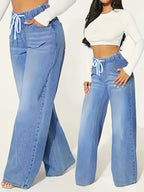 Women's Elasticated Loose Wide-leg Jeans - Light Blue