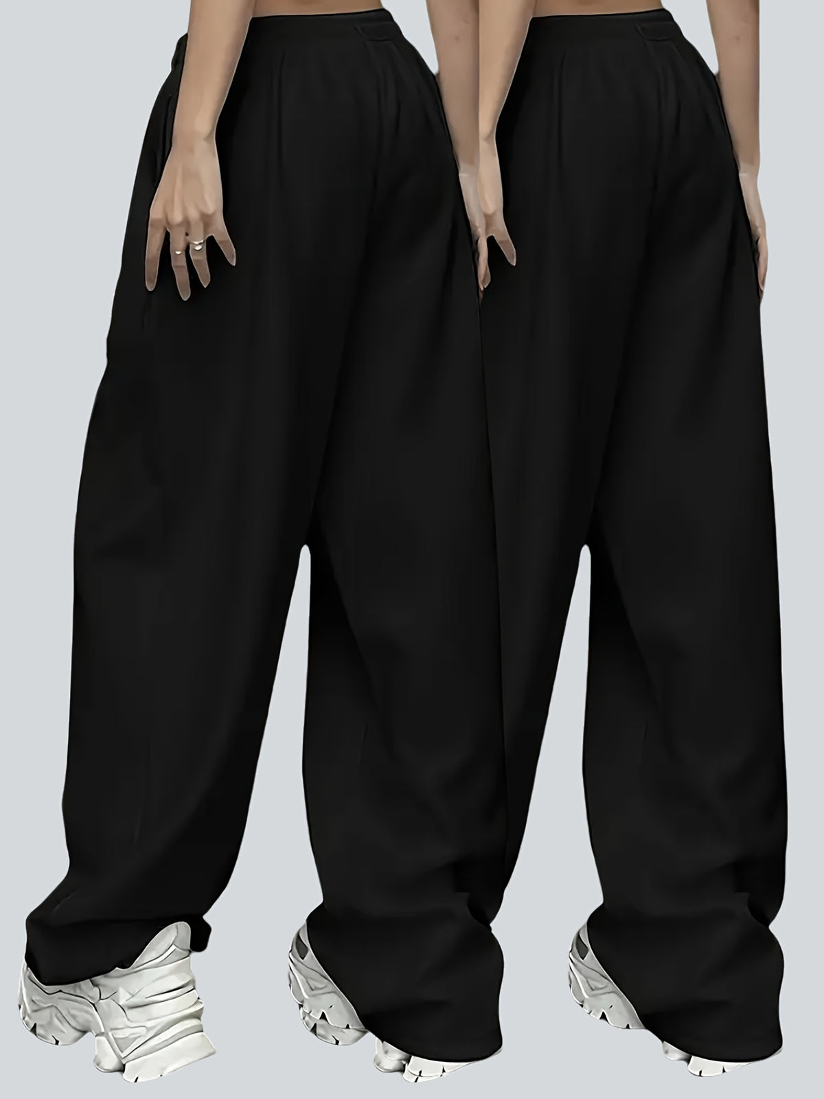 2pcs Plus Size Women'S Casual Wide-Leg Athletic Pocket Sweatpants, Solid Color Drawstring Pattern Printed Sweatpants - Black+black