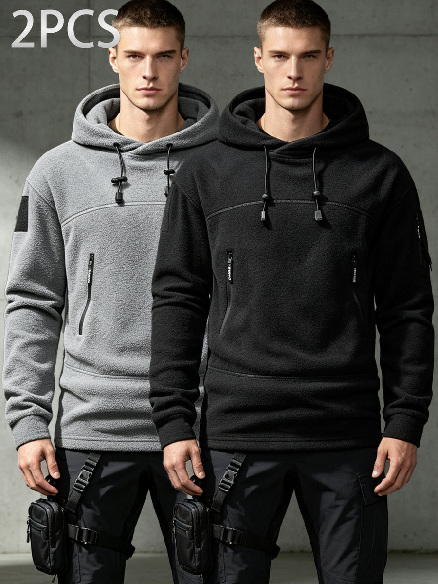 2pcs Men's Tactical Fleece Hoodie, Drawstring Zip Pockets Warm Fuzzy Pullover Hooded Sweatshirt, for Outdoor Hiking Daily Fall Winter Wear - Black+Grey