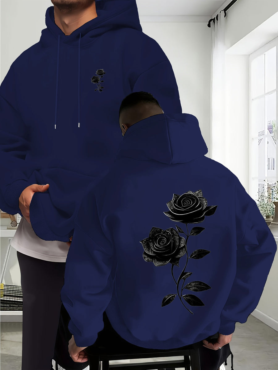 Autumn Winter Men'S Fleece-Lined Hooded Sweatshirt, Double Branch Black Rose Print, Fashionable Casual Wear for Daily, Casual, Gatherings, Parties, Outdoor Sports, Men'S Warm Hooded Top - Navy Color