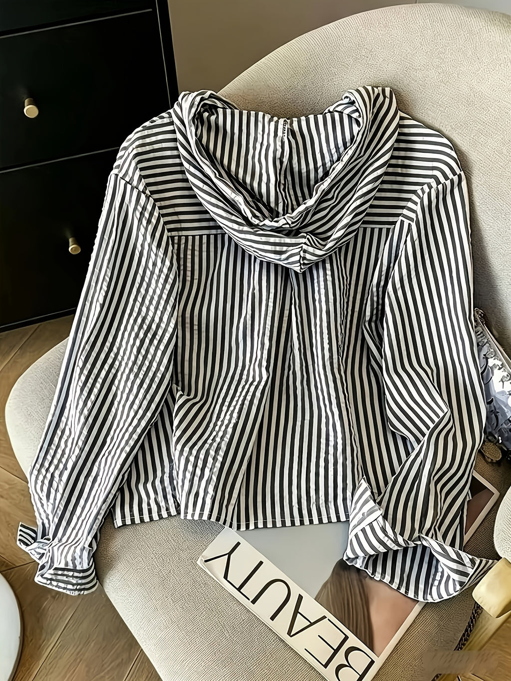 Relaxed Fit Striped Hooded Cardigan - Black