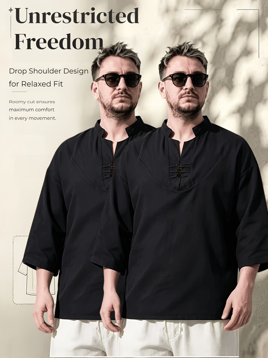 2pcs/Men'S Casual Shirts, New Linen V-Neck Casual Pullover Shirts for Daily Casual Wear, Solid Color 3/4 Sleeve Design, Suitable for Spring, Summer, And Autumn, Quick-Dry Non-Stretch Fabric, Loose Fit, Perfect Gift! - Black