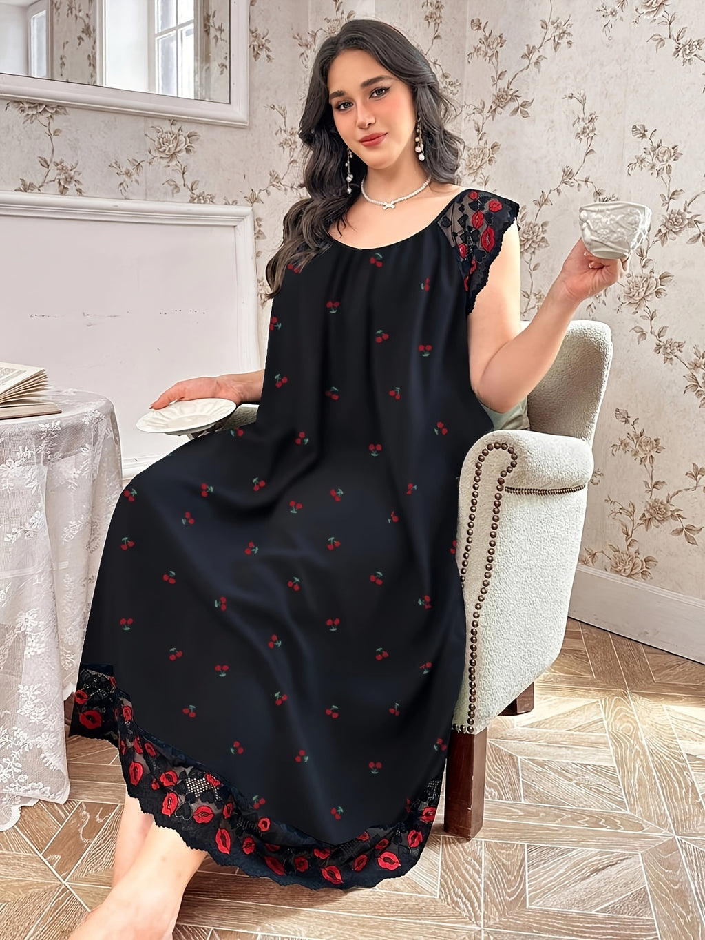 Elegant Lace Trim Nightdress with Small Floral Print - Soft Round Neck Sleepdress Suitable for Year-Round Wear, Machine Washable Bed Nightgown for (Non-) - Mixed Color 2
