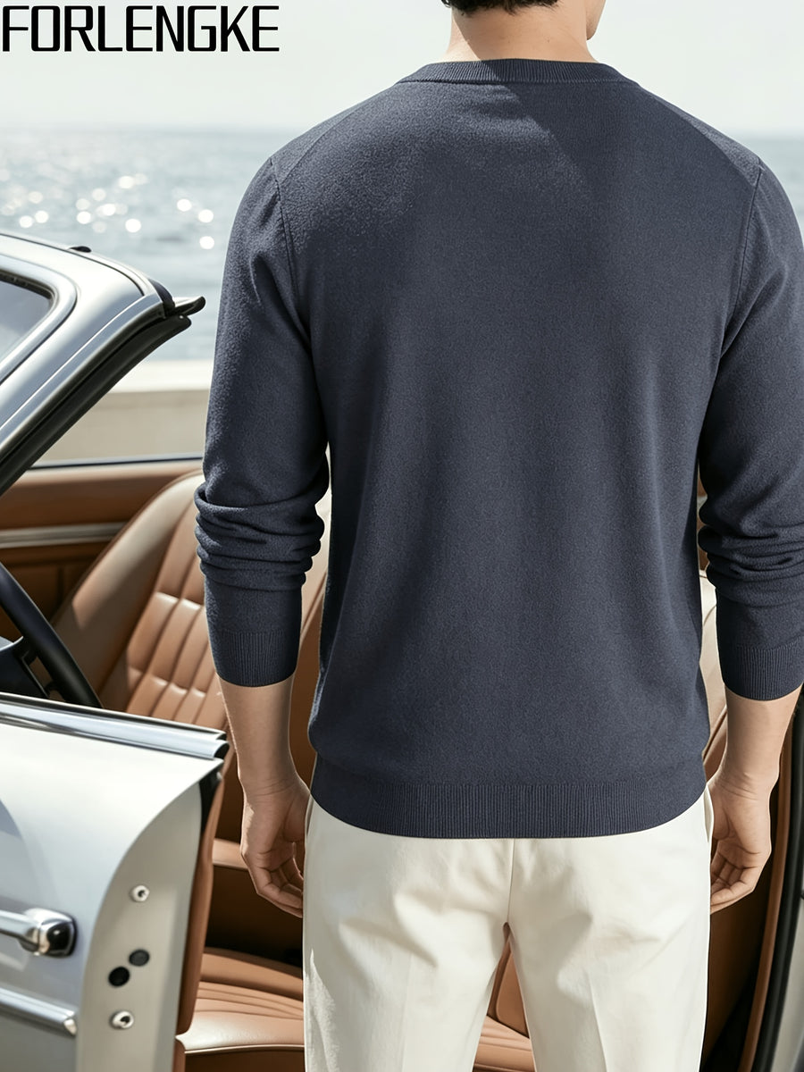 FORLENGKE Men's Casual Commuter-style Checkered Knit Sweater with Checkered Jacquard, Soft and Breathable Knit Fabric, Classic Crew Neck Long-sleeve Pullover Style, Suitable for Various Outfit Occasions, Autumn and Winter Daily Casual Men's Top - Dark Grey