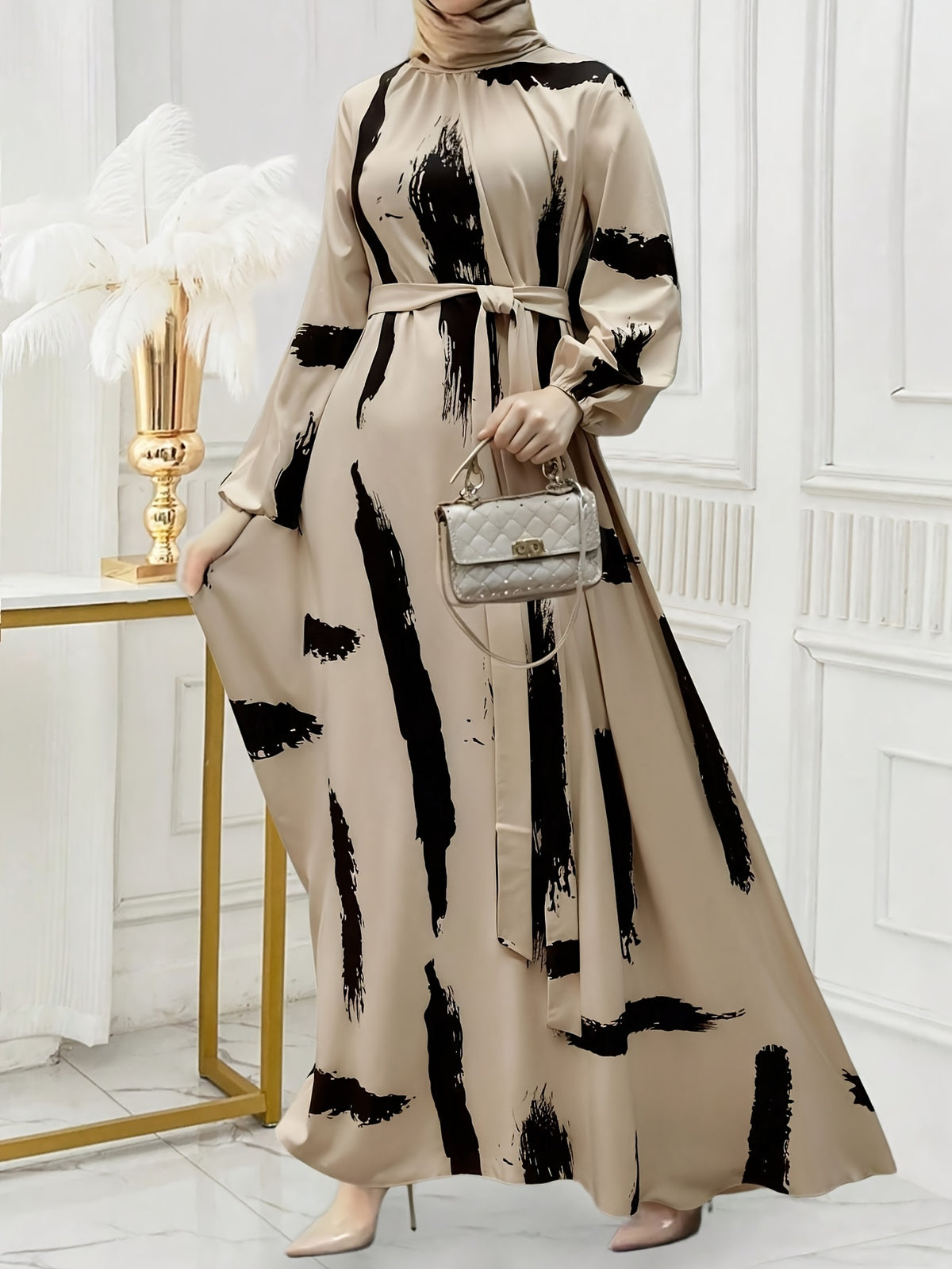 Women Ramadan in the Middle East All-Over Print Collared Tie Waist Long Sleeve Dress - Polychrome
