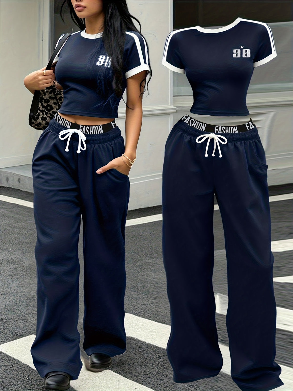 Western Hot Style Blue White Contrast Striped Short Top And Letter Waist Wide-Leg Pants Women'S 2pcs Set - Mixed colors