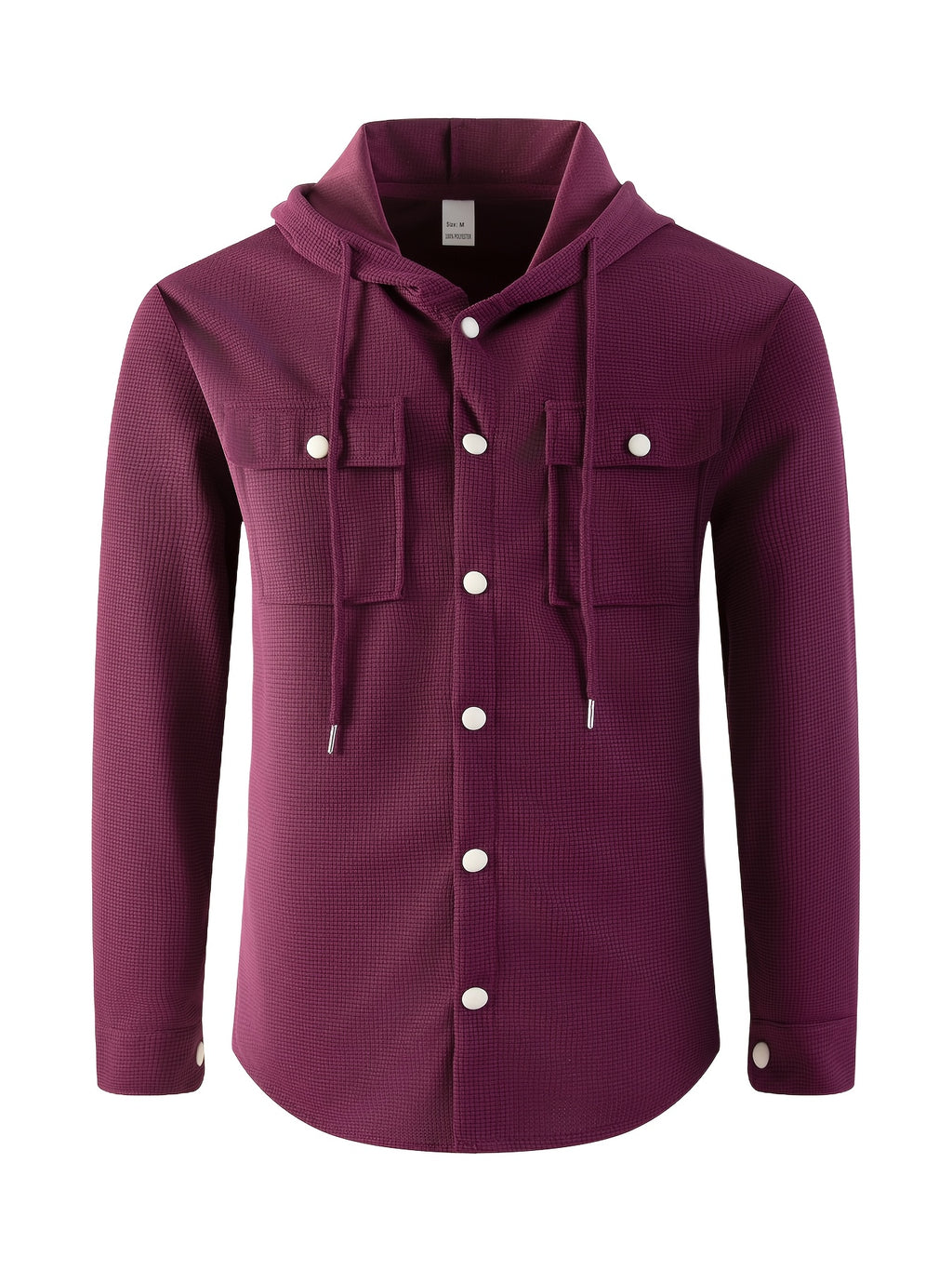 Men'S Waffle Knit Hooded Jacket - Button-Up Workwear Coat - Casual Jacket with Pockets - Spring And Autumn Commute Outfit - Korean Style for Outdoor Activities, Camping, Hiking - Burgundy