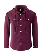Men'S Waffle Knit Hooded Jacket - Button-Up Workwear Coat - Casual Jacket with Pockets - Spring And Autumn Commute Outfit - Korean Style for Outdoor Activities, Camping, Hiking - Burgundy