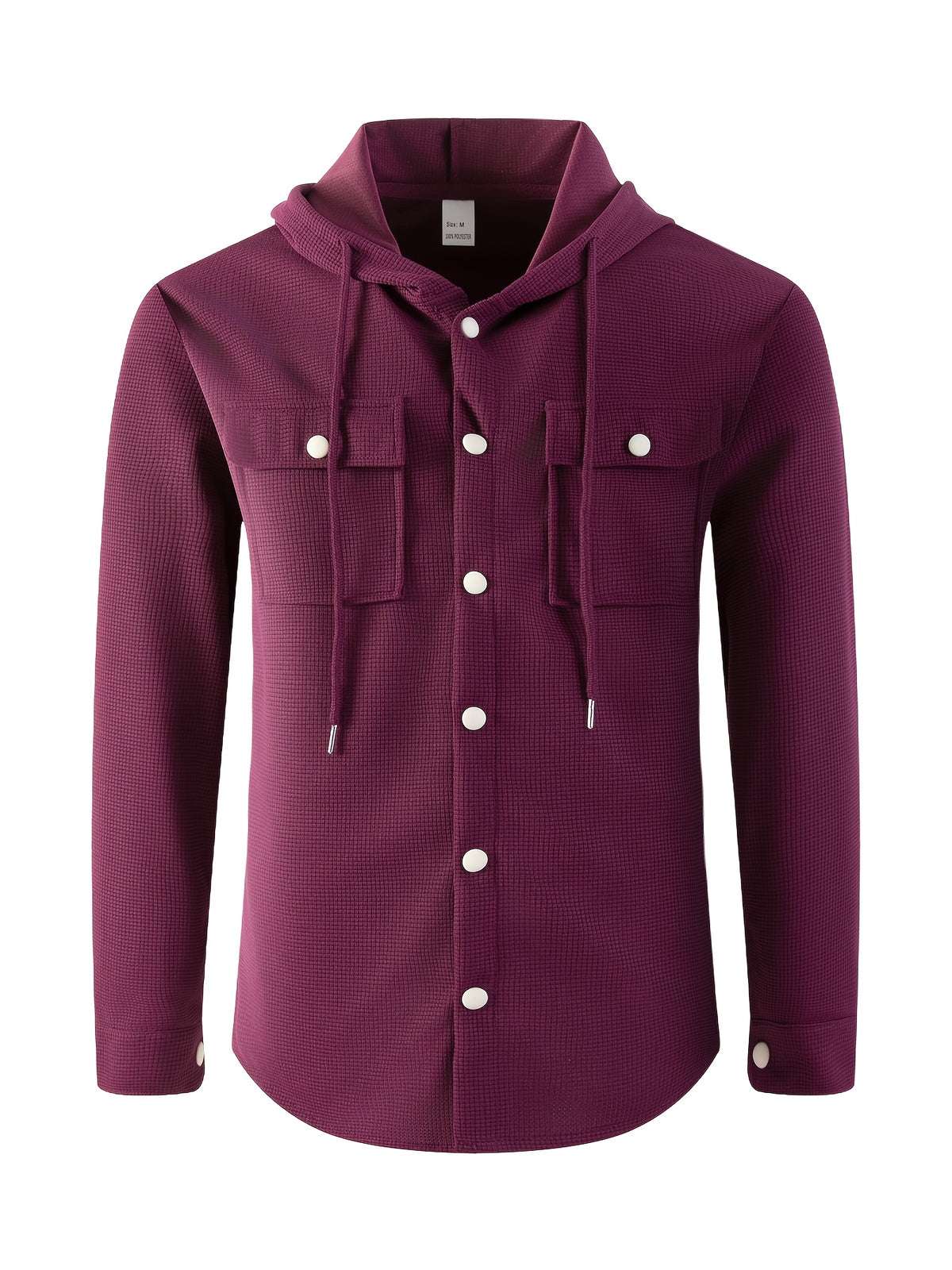 Men'S Waffle Knit Hooded Jacket - Button-Up Workwear Coat - Casual Jacket with Pockets - Spring And Autumn Commute Outfit - Korean Style for Outdoor Activities, Camping, Hiking - Burgundy