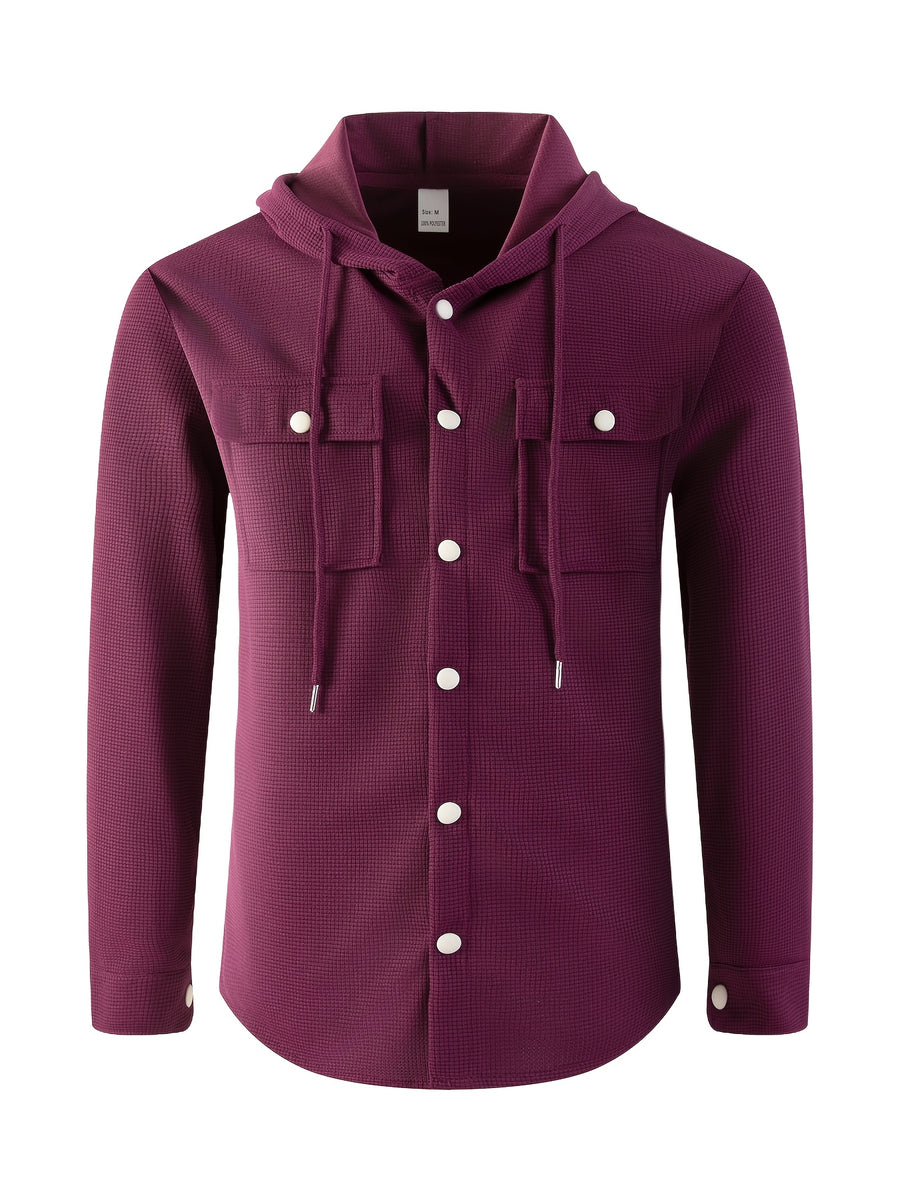 Men'S Waffle Knit Hooded Jacket - Button-Up Workwear Coat - Casual Jacket with Pockets - Spring And Autumn Commute Outfit - Korean Style for Outdoor Activities, Camping, Hiking - Burgundy