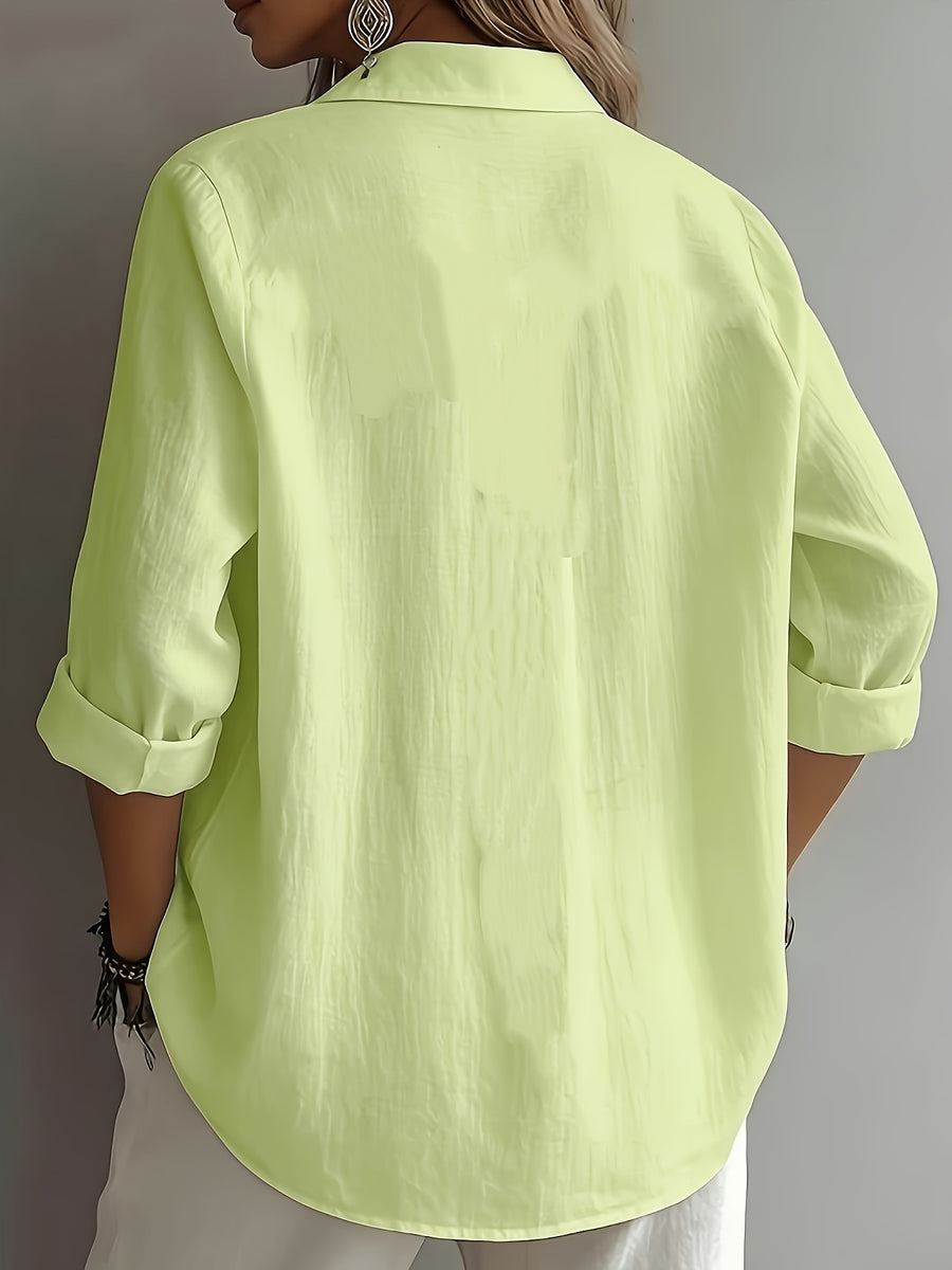 Women's Elegant Lapel Shirt, Loose Straight Fit with Long Sleeves, Lightweight, Comfortable, and Breathable Fabric, Versatile for Commuting and Casual Wear, Loose Straight Cut Flattering Design, Daily Comfortable and Relaxed Style - Green