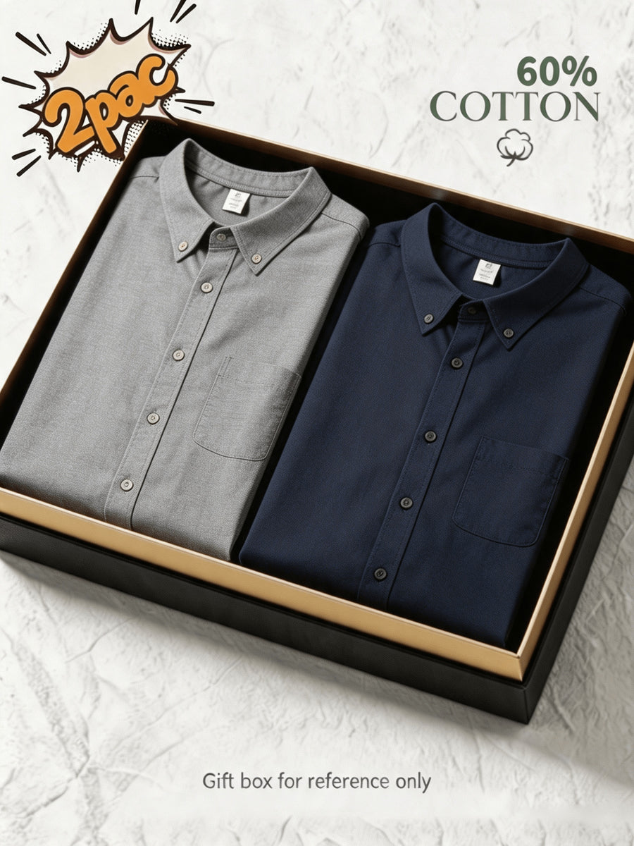 1+1 2pcs Classic Men's Oxford Plain Color Shirt, Long Sleeve Spring/Autumn Pocket Lapel Shirt for Casual Daily Outings - Grey+Navy Blue