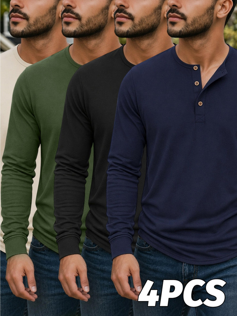 4pcs Set of Men's Spring, Autumn, and Winter Henley Neck Long-Sleeve T-Shirts, Breathable Vintage Casual Solid Color Half-Open Collar Tops, Comfortable and Versatile Base T-Shirts, Suitable for Daily Commuting, Light Business, Home, Sports - Navy Blue + Black + Green + Khaki