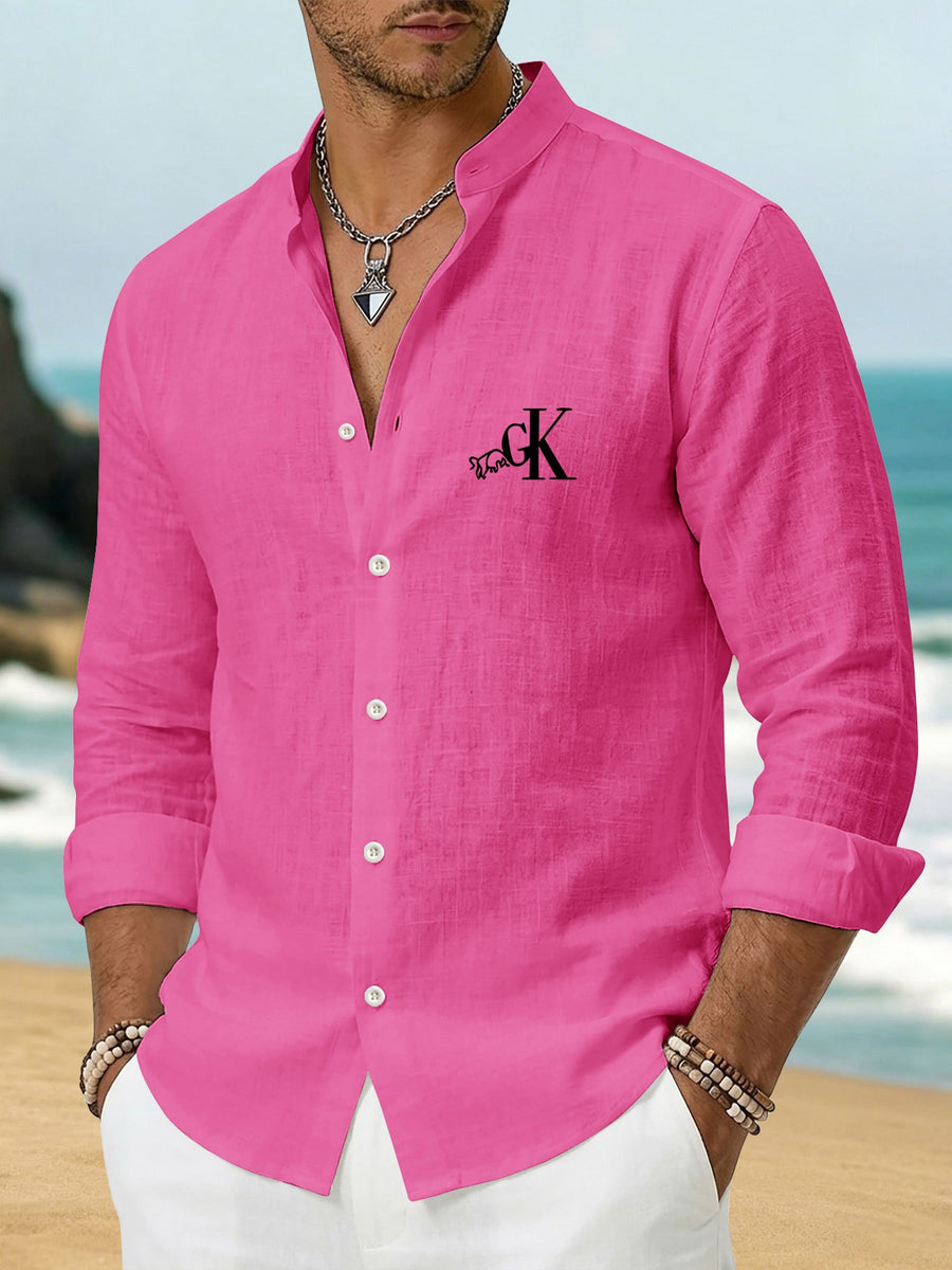 Men'S New Casual Stand-Collar Long Sleeve Shirt, Faux Linen Skin-Friendly Soft Breathable, Personalized "GK" Letter Print Button-Up Top, Suitable for Beach Activities, Island Vacation Style And Party Casual Commute - Rose Red