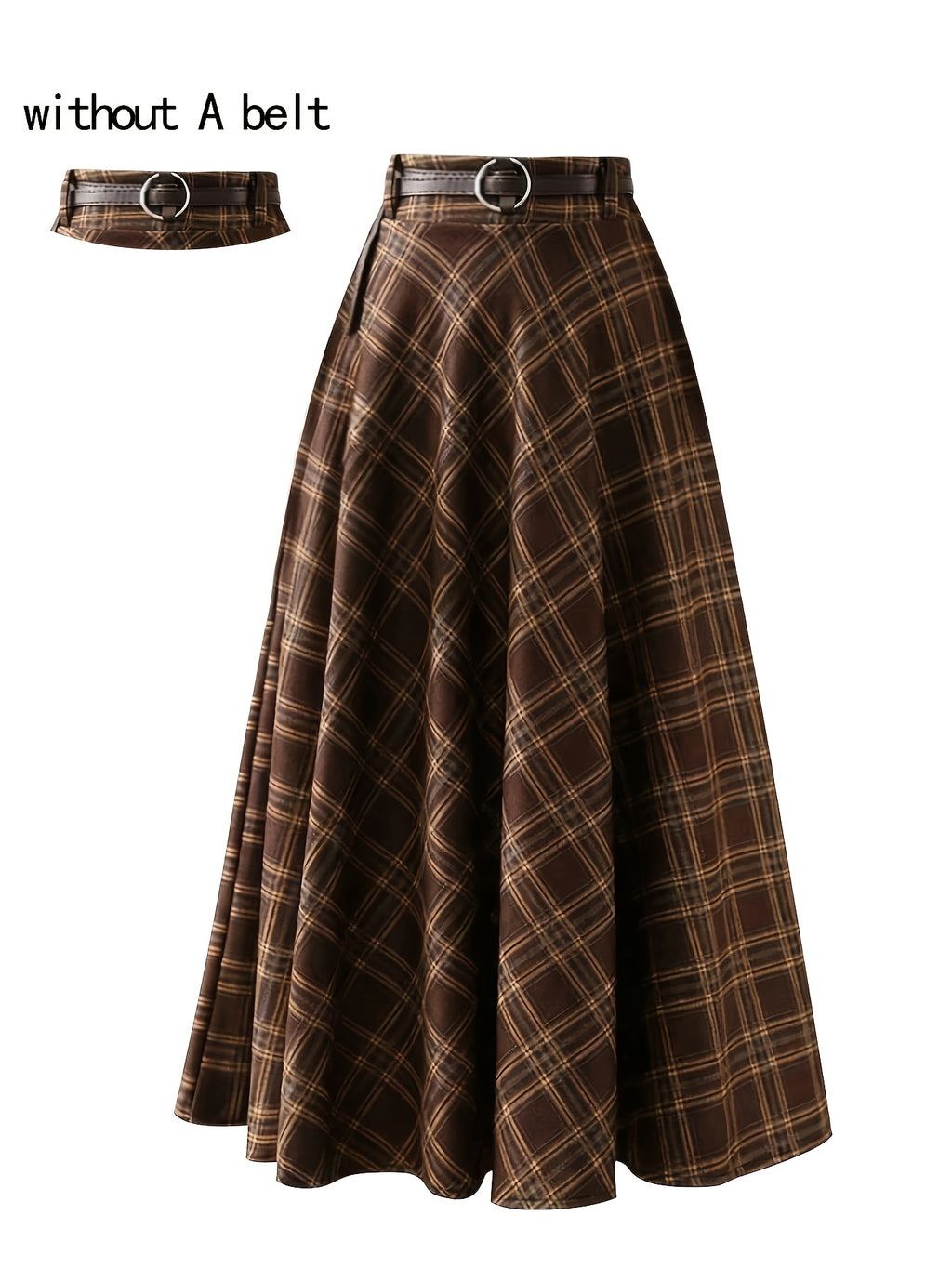 Women's Spring Brushed Checkered Elegant Casual A-Line Skirt. Belt Not Included - Coffee Brown
