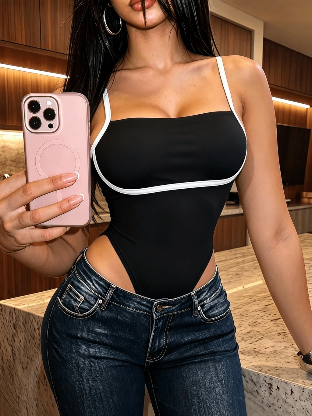 Exquisite Contrast Trim Design, Modifying Neckline. Adjustable Thin Straps, Fitting Different Body Shapes. Jumpsuit Cut, Smooth And Close Fit, Non-Rolling. Smooth And Skin-Friendly Fabric, Elastic And Comfortable, Breathable. Easy High-End Style - Black