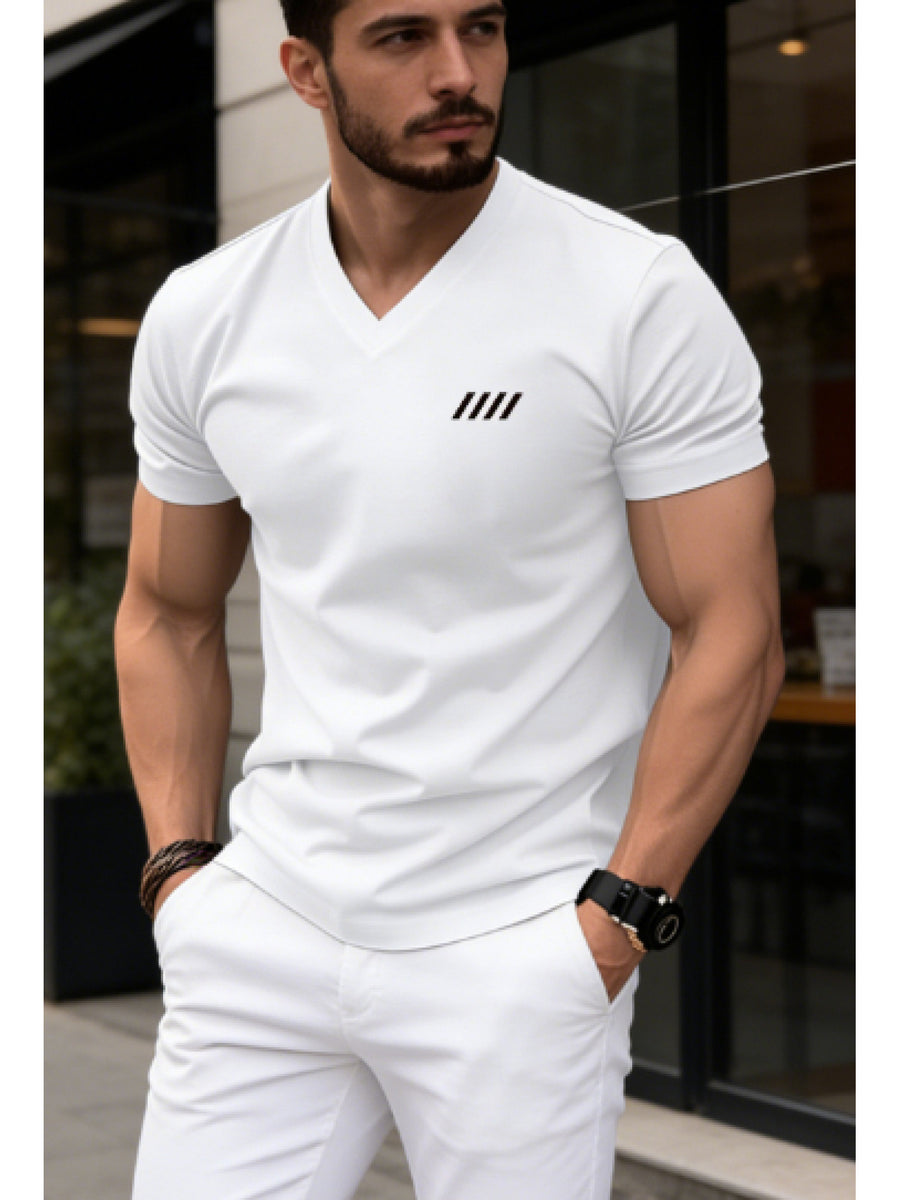 [Printed Design - Not Textured] 2026 New Style T-Shirt, Men's Summer Short Sleeve Thin Top, Trendy Fashion Slim Fit V-Neck, Versatile and Simple Classic Basic Style for Daily Commuting. Creative Vertical Stripe Pattern Design for a  and Fashionable - White