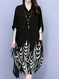 POLO Collar Lantern Sleeve Printed Short-Sleeved Shirt Casual Loose Mid-Length Dress - Black