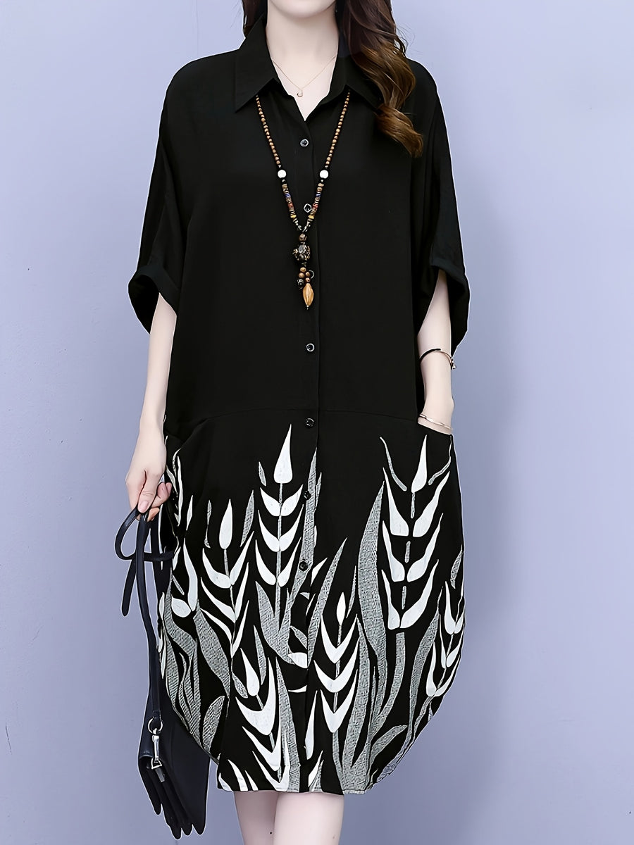 POLO Collar Lantern Sleeve Printed Short-Sleeved Shirt Casual Loose Mid-Length Dress - Black