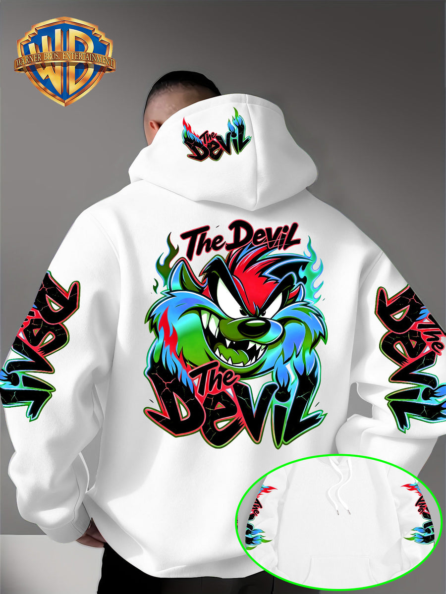 Le Yitong Flame Style Color-Block Graffiti Big Mouth Monster The Devil Print Hoodie, with Sleeve Print Design, Kangaroo Pouch And Drawstring Hood, Suitable for Autumn/Winter Casual Wear And Outdoor Activities - White