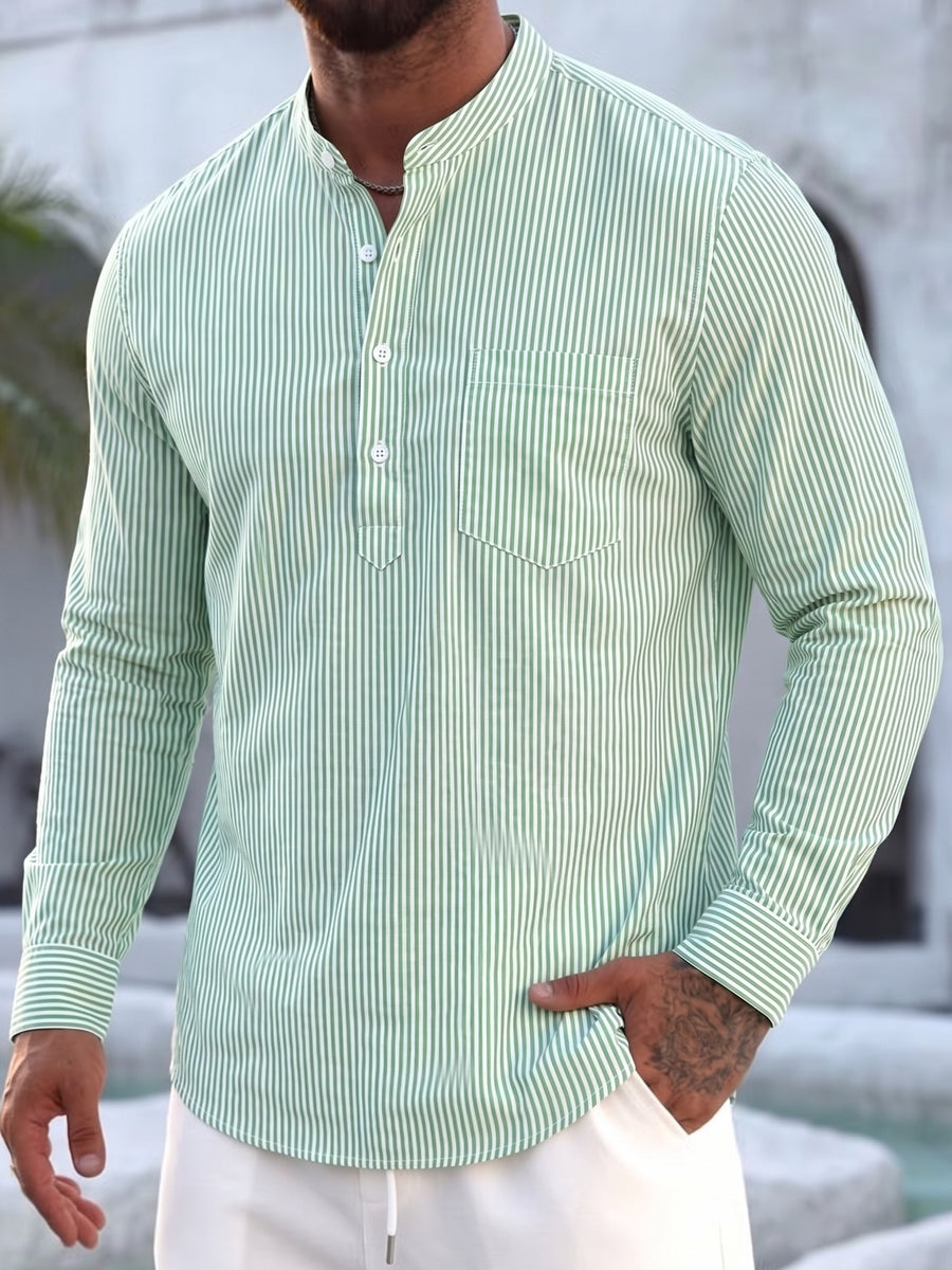 Men'S Stand Collar Striped Long Sleeve Half Placket Shirt, Comfortable Breathable Casual Daily Wear Summer Top for Daily & Vacation - Light Green