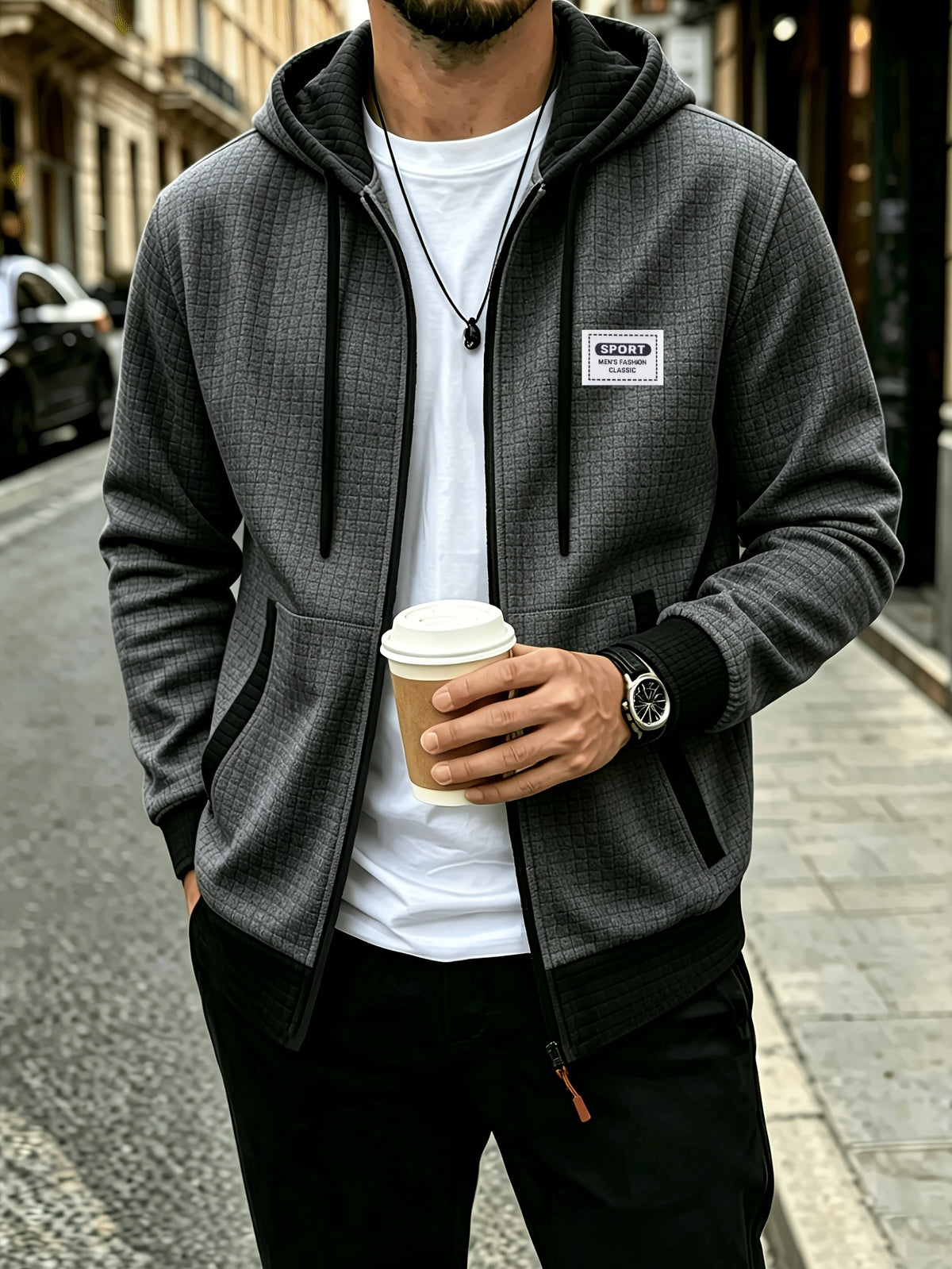 Men'S Fashion Hooded Color-Block Waffle Jacket, Zipper with Drawstring Coat, Suitable for Daily Commute, Outdoor Casual Sports Jacket - Deep Gray