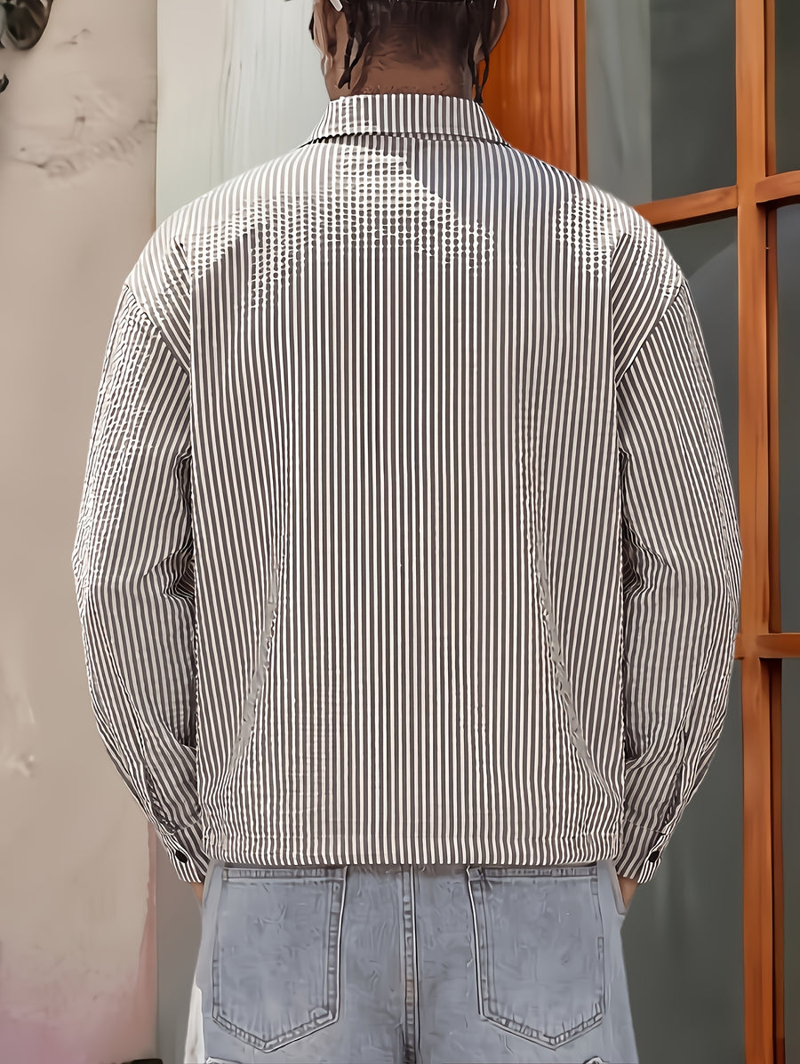 Men's Long Sleeve Thin Shirt, New Spring/Summer/Autumn Style with Puff Sleeves, Striped Lapel, Casual Shirt with Multi-functional Large Pocket, Suitable for Daily Outings, Outdoor Commuting, a Stylish and Versatile Casual Long Sleeve Shirt Top - Striped Shirt
