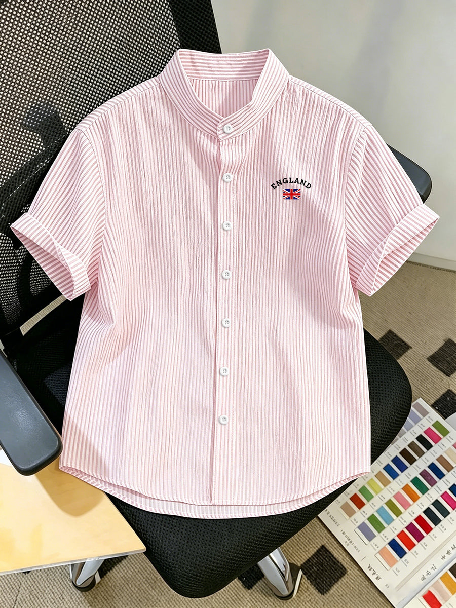Men'S Striped Shirt with British Print, Breathable Striped Summer Shirt, Stand-Up Collar Design Suitable for Beach Outings And Casual Leisure, Beach Shirt, Outdoor Casual, Soft Texture, Vacation Wear - Pink