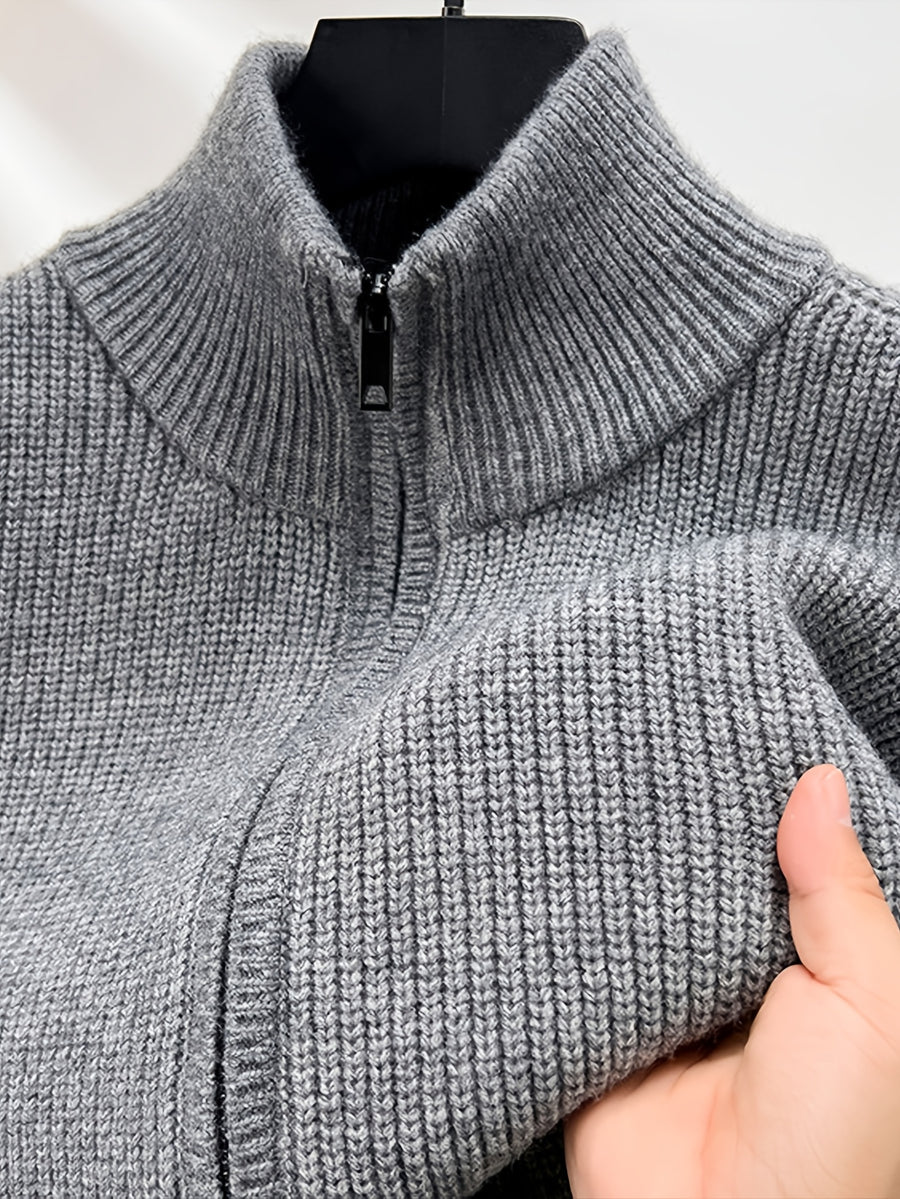 Men's Stand-up Collar Zip-up Knit Cardigan Jacket, Business Casual, Mature and Steady, Suitable for Middle-aged and Young Men, Can Be Worn Alone in Spring and Autumn, and as an Inner Layer in Winter - Grey