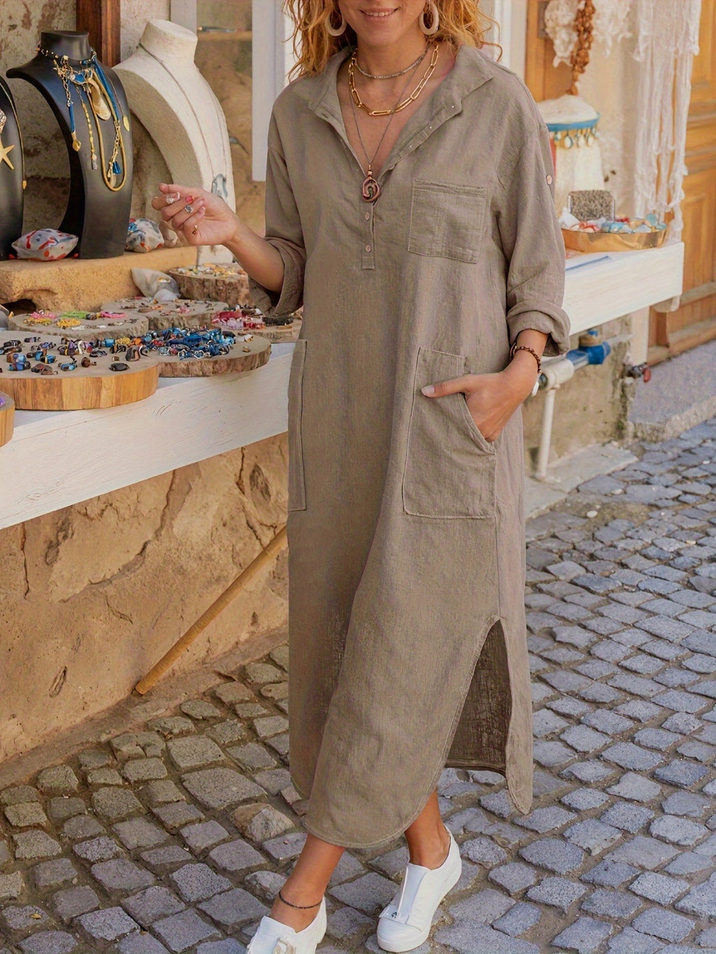Fashionable Standard Size Elegant Dress - Khaki