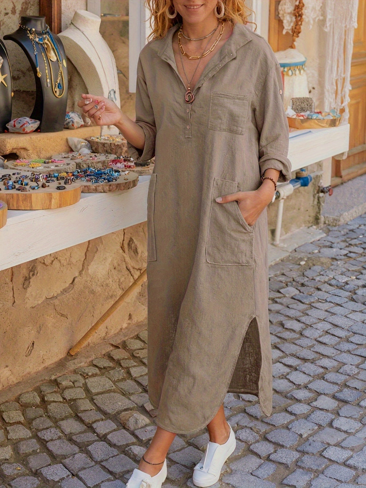 Fashionable Standard Size Elegant Dress - Khaki
