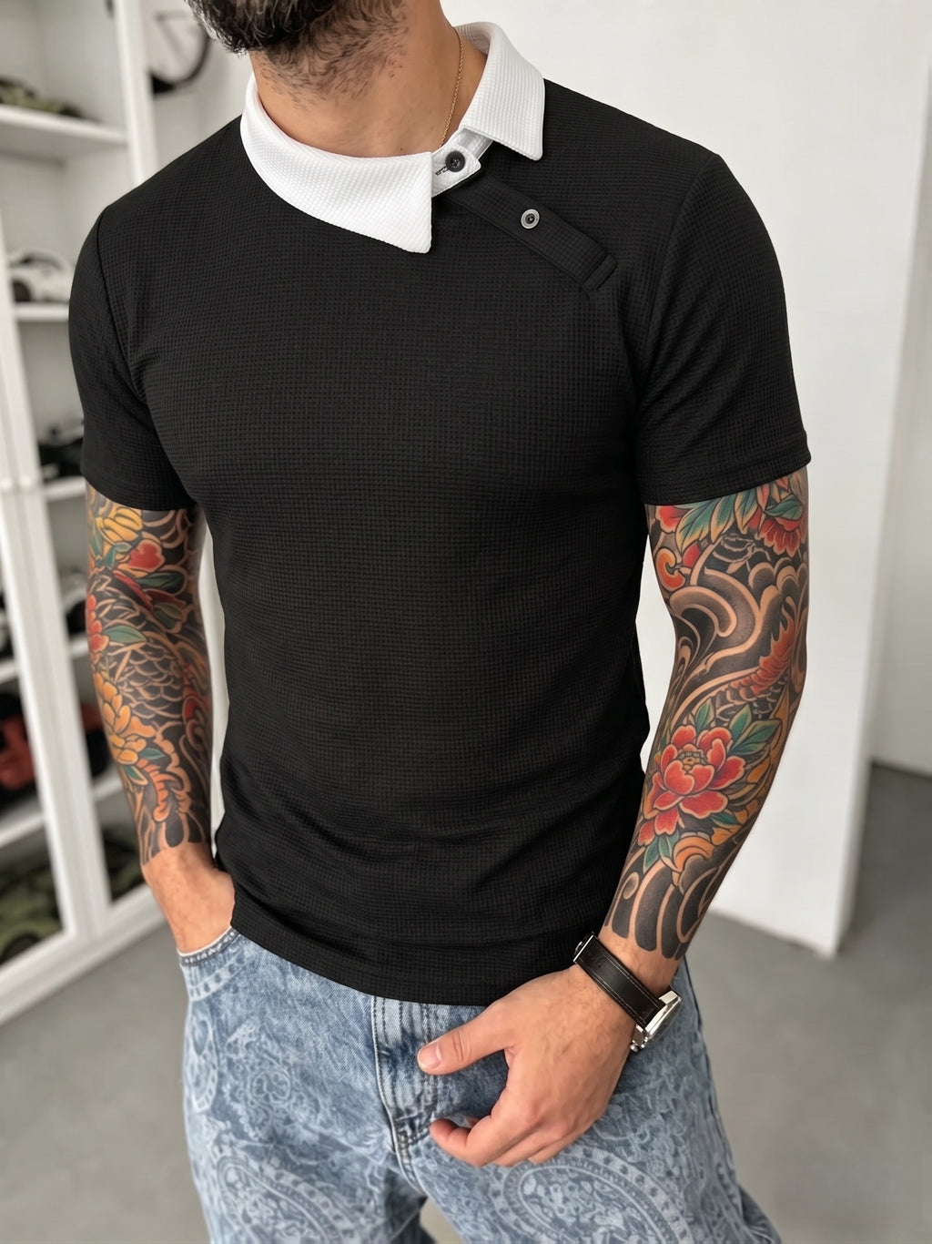[Shule Water OBM] [Summer 2026 New 2pcs Set] Men'S Waffle Knit Off-Shoulder Button-Up Polo Shirt - Gray Black