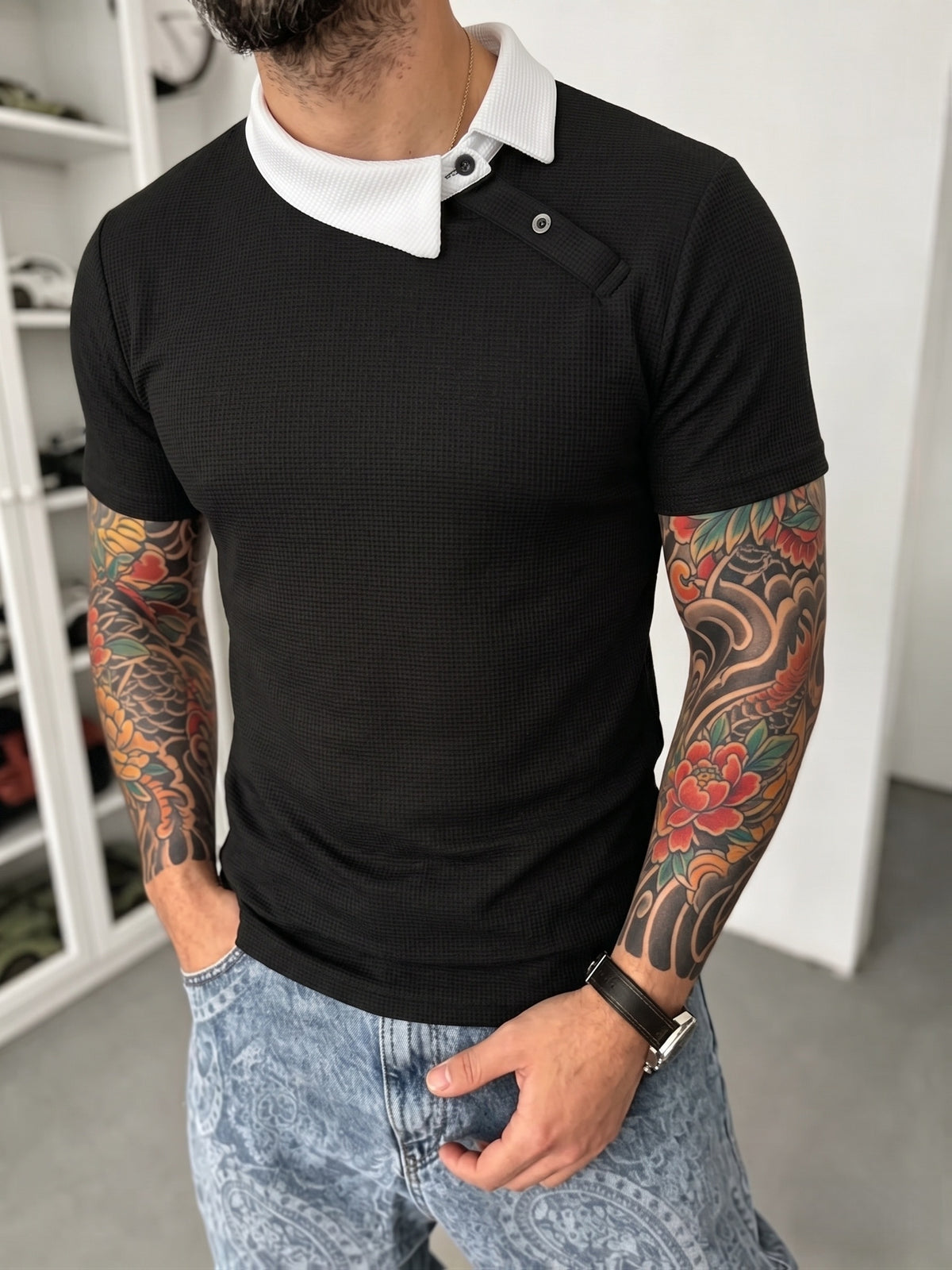 [Shule Water OBM] [Summer 2026 New 2pcs Set] Men'S Waffle Knit Off-Shoulder Button-Up Polo Shirt - Gray Black