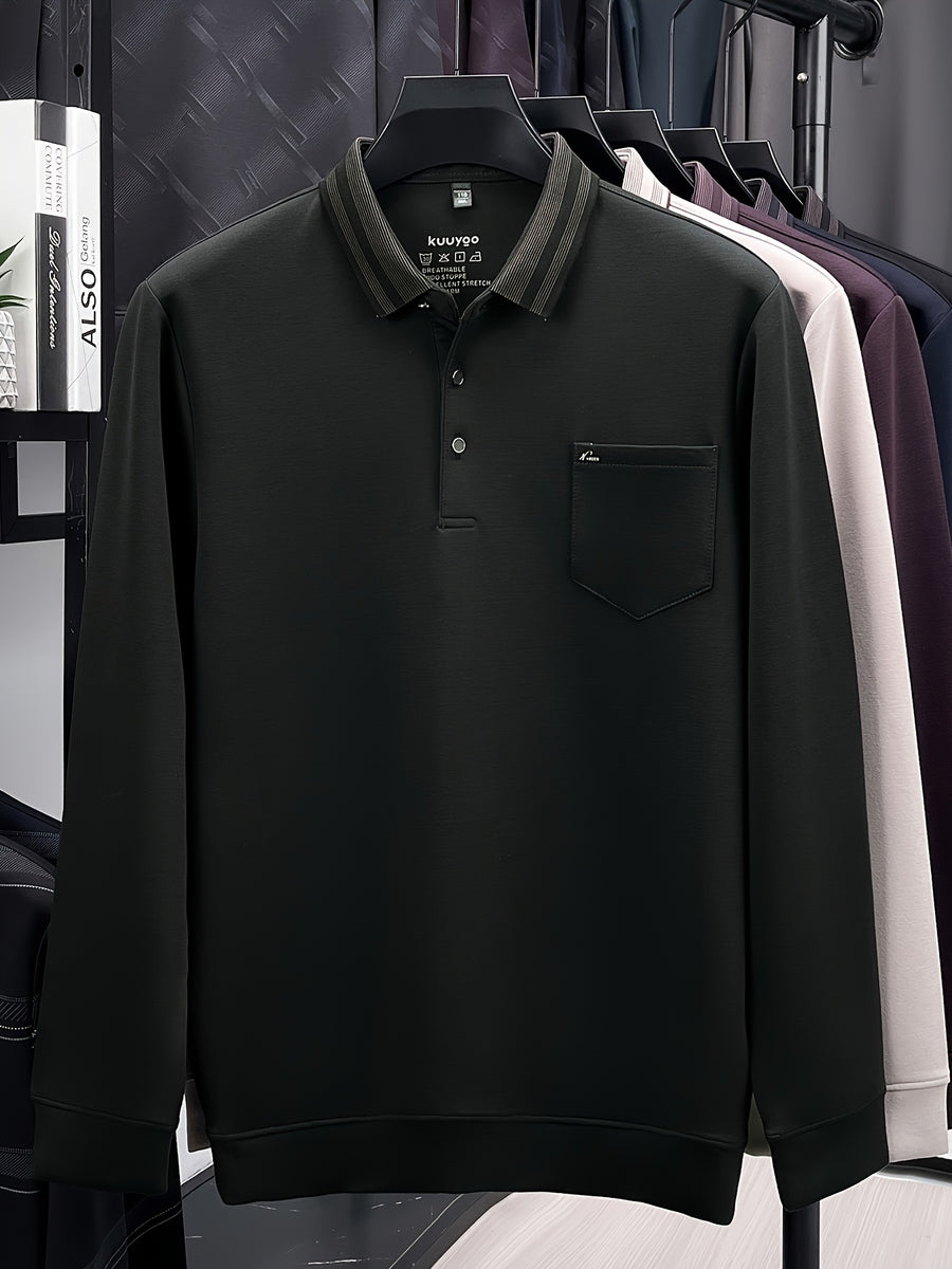 Men's Multi-Color Contrast Lapel Long-Sleeve Polo Shirt, Business Pullover Top with Real Pockets, Skin-Friendly and Breathable, Suitable for Business Commuting, Business Trips, Parties, Daily Home Wear, and Casual Base Layers - Dark Green