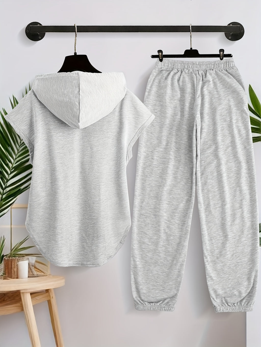 Women'S Casual Comfortable Sleeveless Hoodie And Long Pants Set X5038 - Light Gray