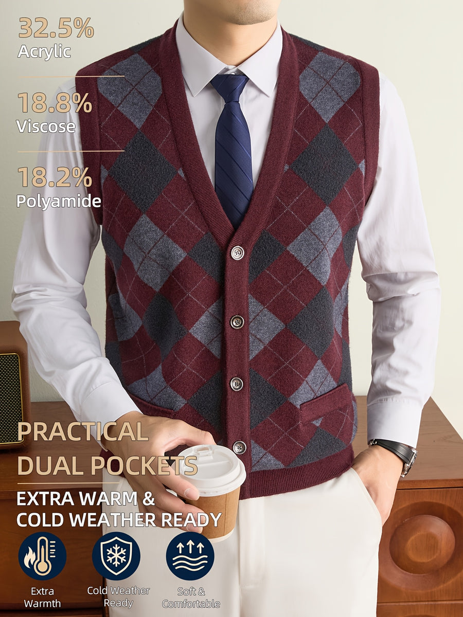 New Autumn/Winter Men's Knitted Vest with V-Neck, Tie Pockets, and Rhombus Pattern Design. Warm, Cold-Resistant, Soft, and Comfortable Sweater Vest. Simple, Elegant, and Versatile, Suitable for Daily, Business, Casual, and Camping Wear. The First - Burgundy