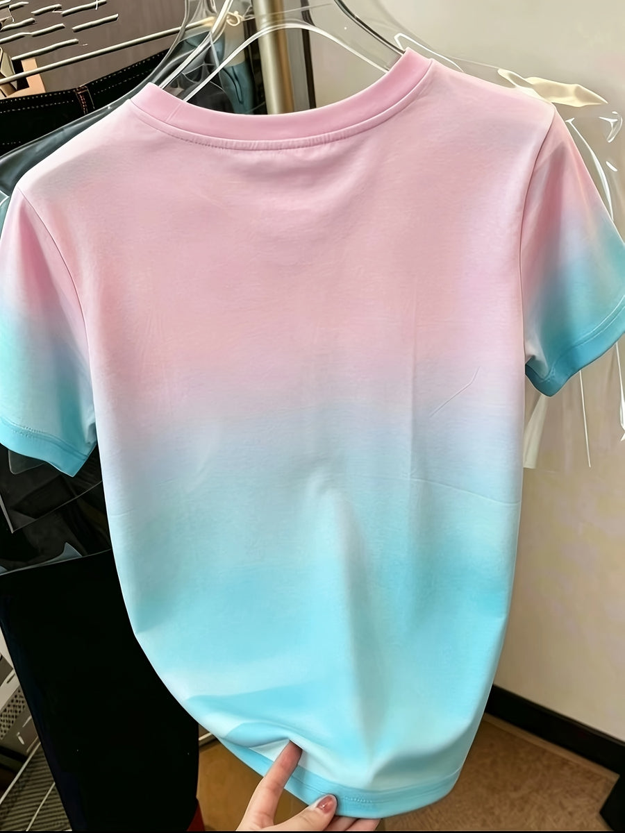 European and American Style Women's Tie-Dye Print Short-Sleeve T-Shirt, Spring/Summer Round Neck Elegant Women's Y Top - Mixed colors
