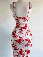 Y2K Vacation Floral Print Backless Long Fishtail Dress - Tie-String Straps, Fitted - Red