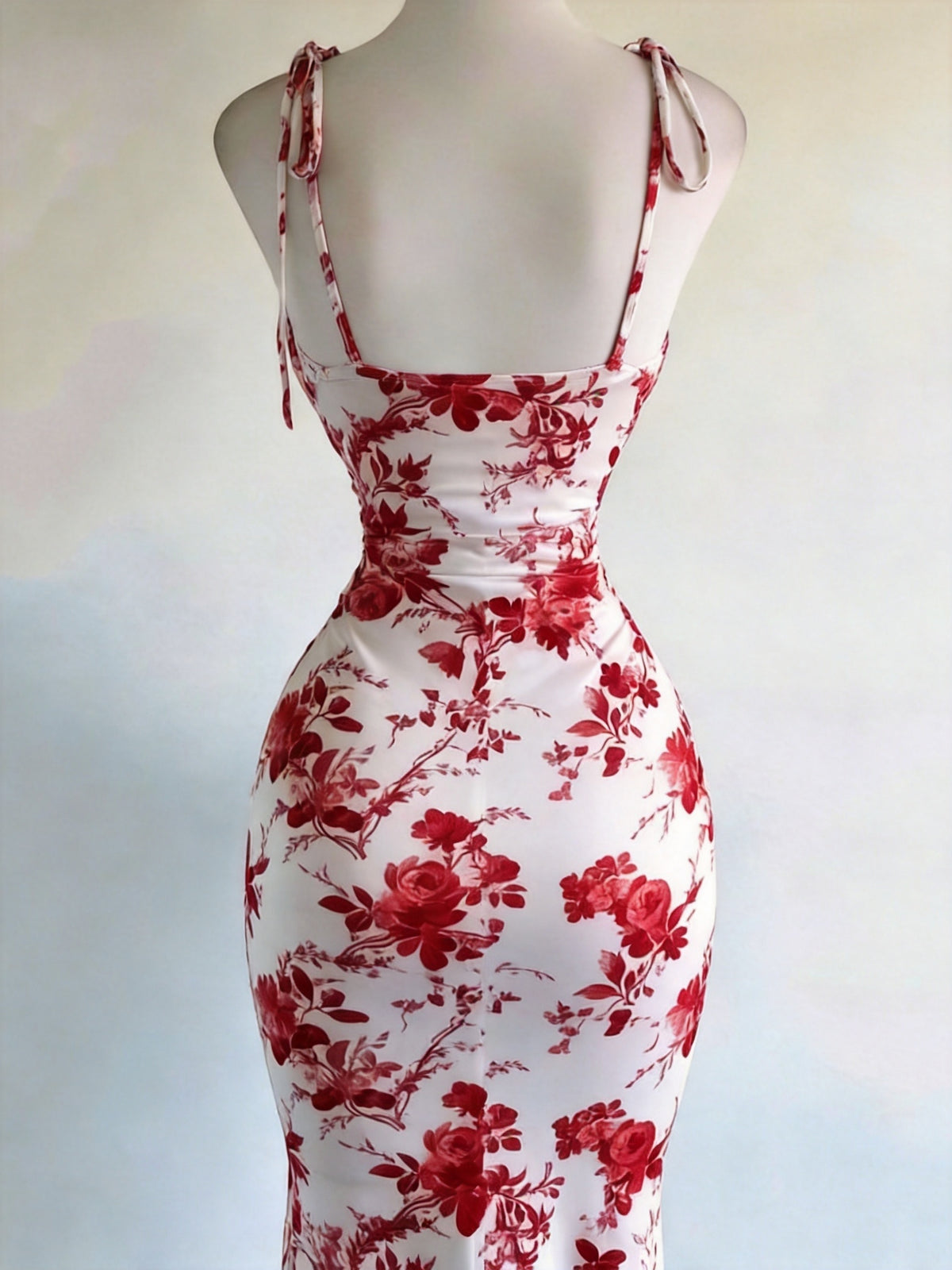 Y2K Vacation Floral Print Backless Long Fishtail Dress - Tie-String Straps, Fitted - Red
