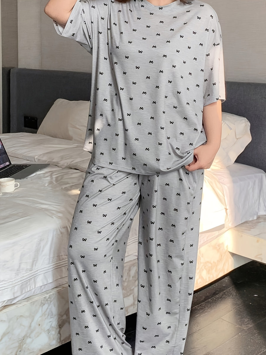Women's Plus Size Butterfly Print Top and Pants Pajama Set - Light Grey