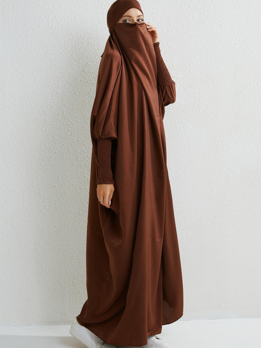 Islamic Attire for Women Featuring a Hooded Jilbab with Smocking Sleeves, Designed for Prayer, Suitable for Modesty in Dubai And Saudi Arabia, Available in Black - Coffee Brown