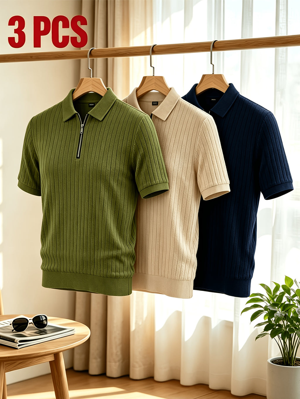 3pcs Men'S Half-Zip Vertical Ribbed Light Luxury Knit Short Sleeve Polo Shirt Set, Soft Breathable Collared Solid Color Top, Regular Fit, Casual Commute, Office, Beach, Camping, Vacation Leisure Versatile Men'S Wear, Olive Green, Beige, Navy, White - Army Green + Khaki + Navy Blue